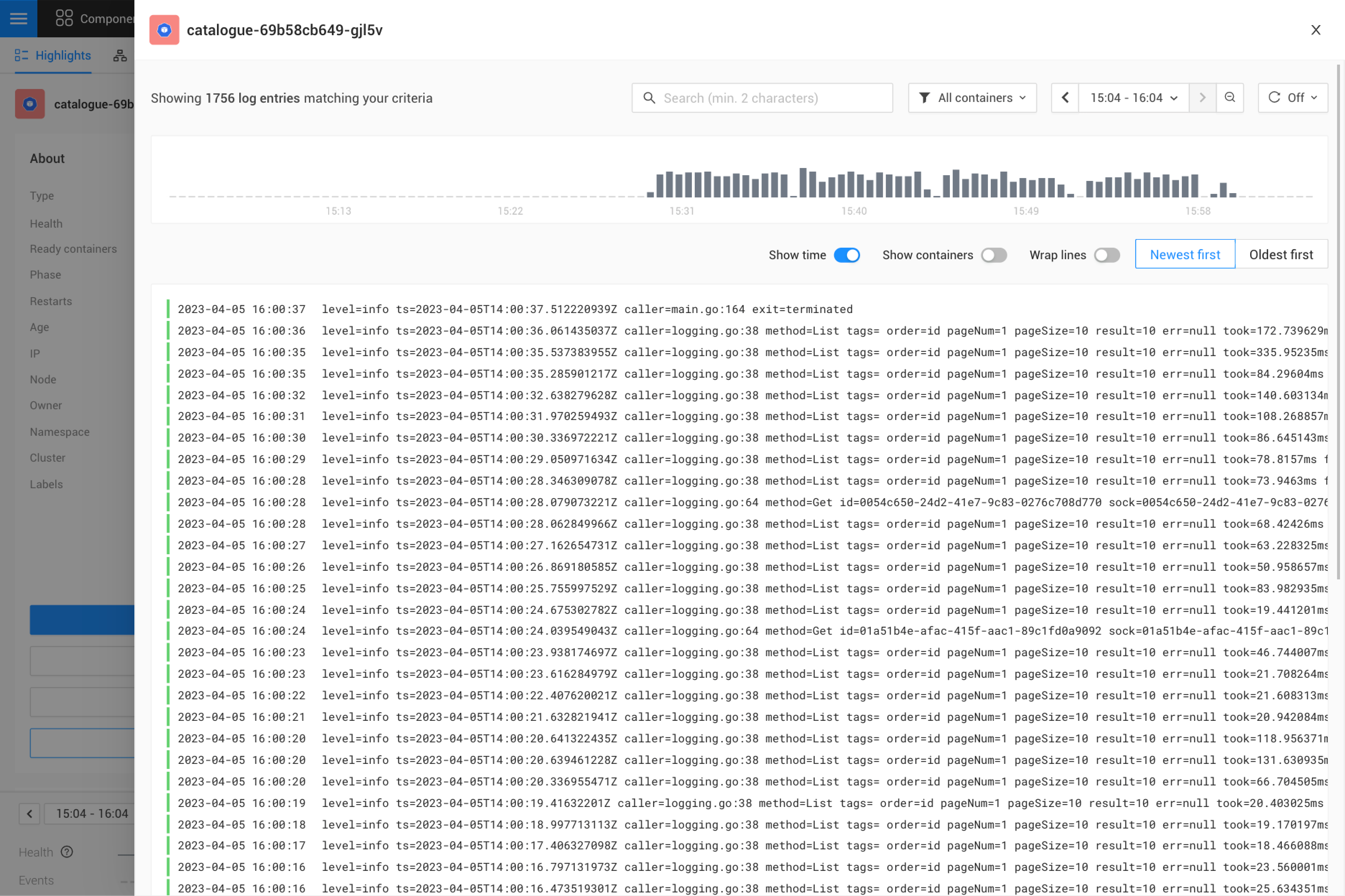 k8s logs opened