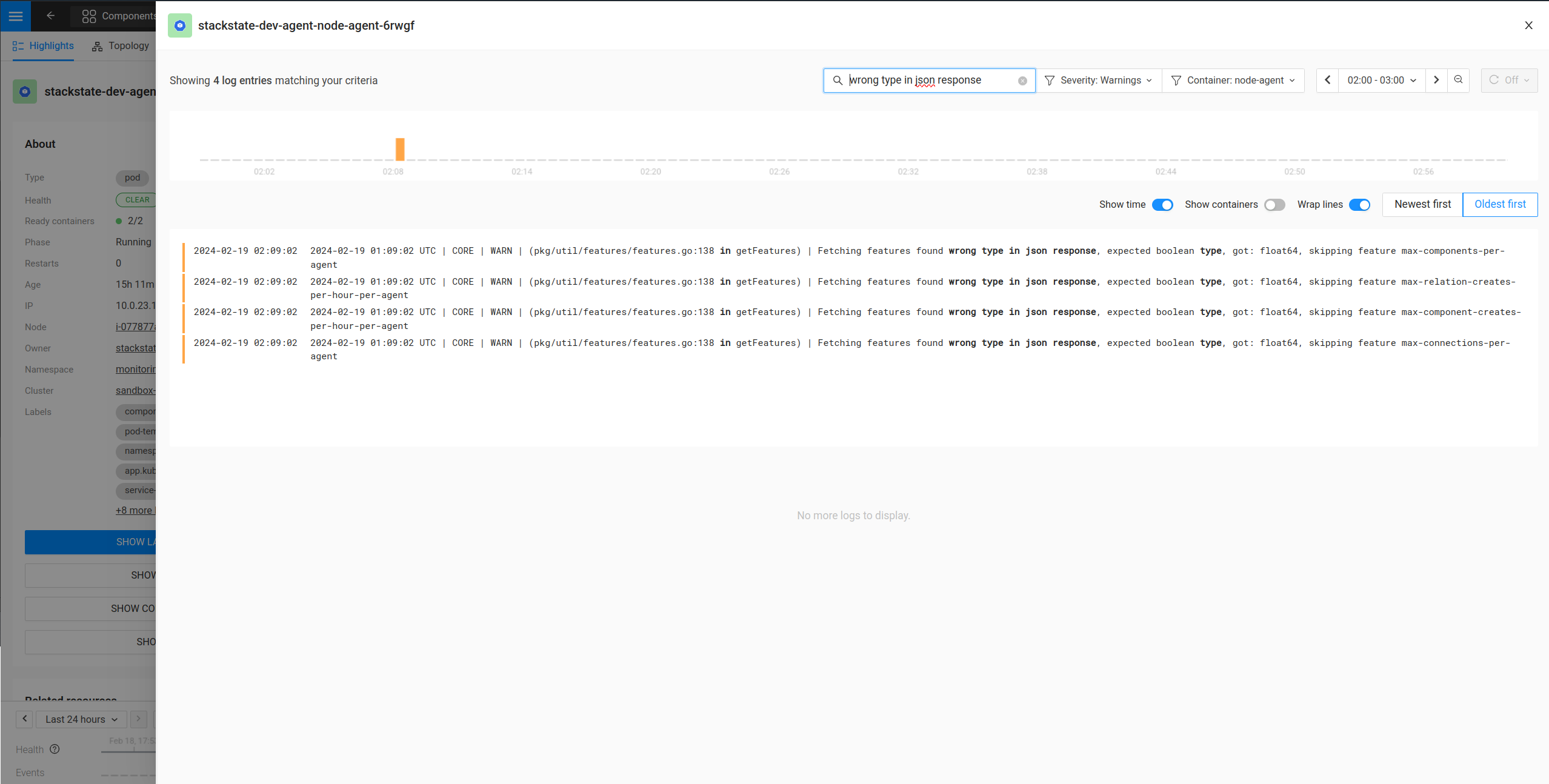 Vue des journaux Kubernetes avec filtres