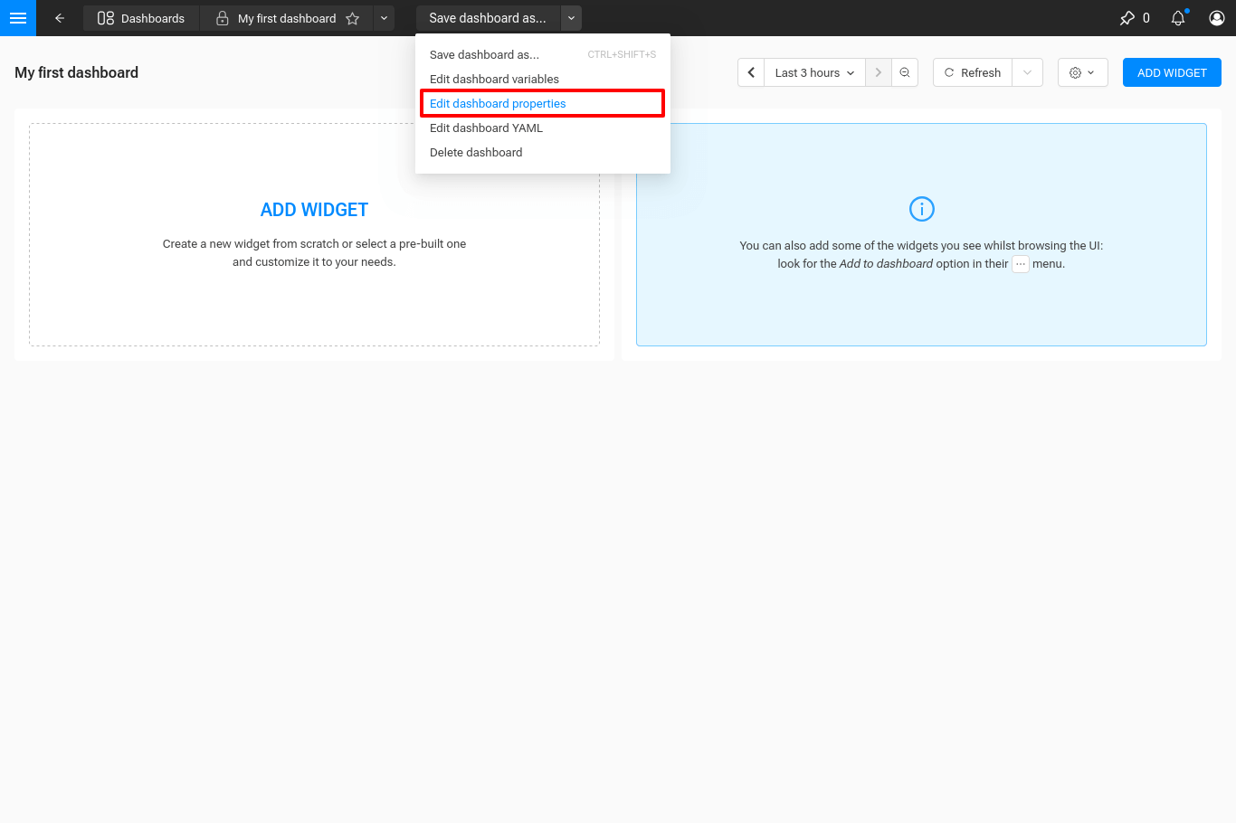 ダッシュボードのプロパティの編集位置